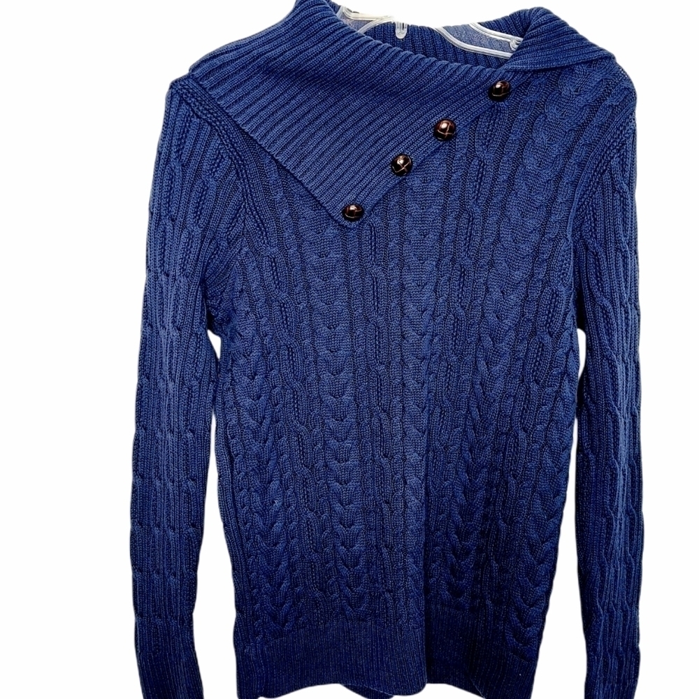 JEANNE PIERRE Royal Blue Cable-Knit Asymmetric Button Turtleneck